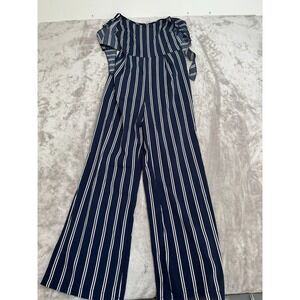 Fancy Qube‎ Jumpsuit Women's Size Small Blue & White Striped Tie Off Wide Leg